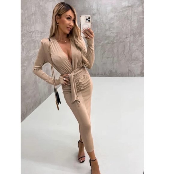 Tan Long Sleeve Bodycon Dress with Plunge Neckline - Picture 3 of 7